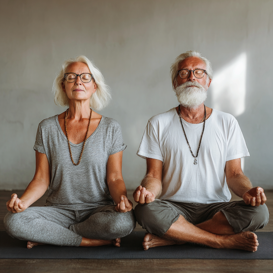 Пожилая женщина занимается йогой