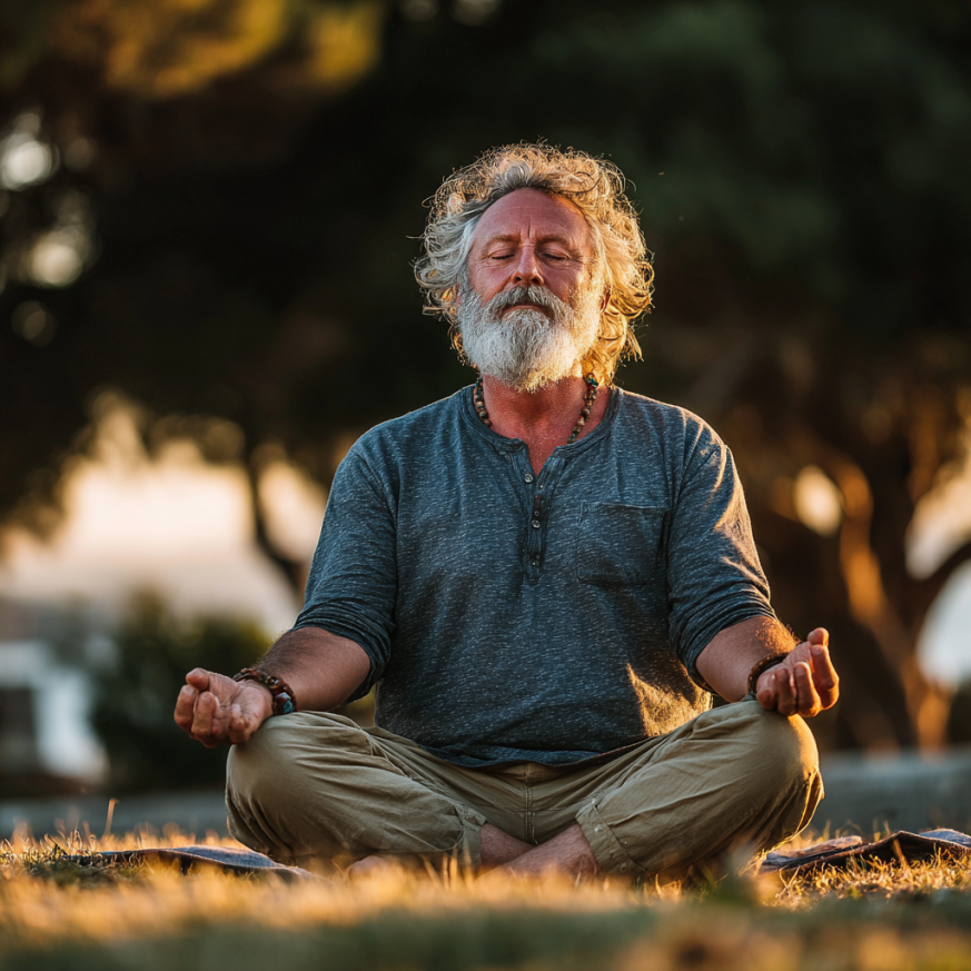 Группа пожилых людей занимается йогой